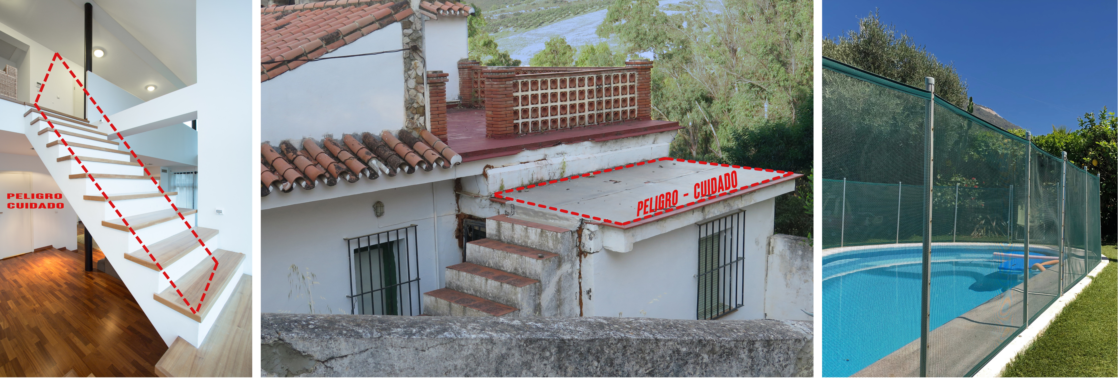 áreas peligrosas en su hogar para visitantes, piscinas o albercas sin cercado, escaleras o balcones sin barandas